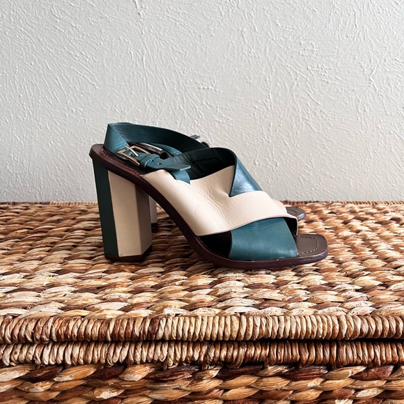 Tory Burch teal green white cream Colorblock Heel geometric sandal sling back 8 - Picture 9 of 10
